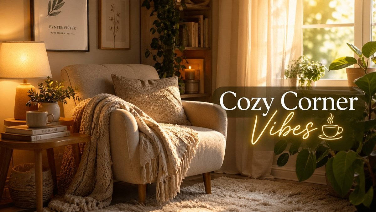 Cozy reading nook with linen cushions, warm lamp light, and stacked books — lifestyle home inspiration from Pyntekvister modern lifestyle blog