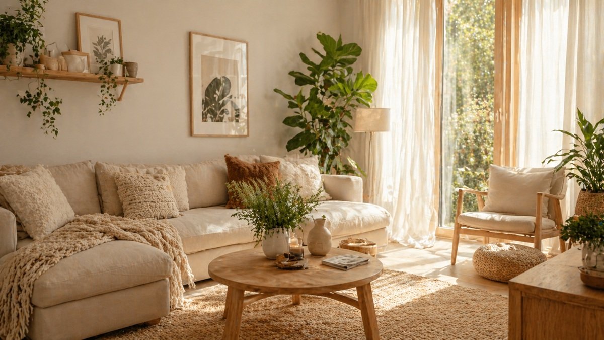 Cozy Scandinavian living room with natural wood and soft decor