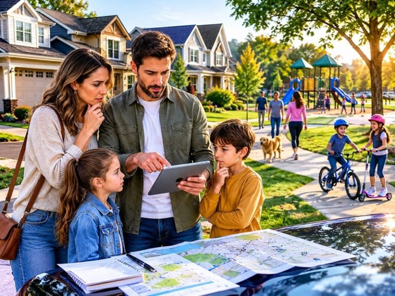 How to Evaluate a Neighborhood Before You Buy a Home Couple evaluating a neighborhood before buying a home, checking street condition and local amenities.