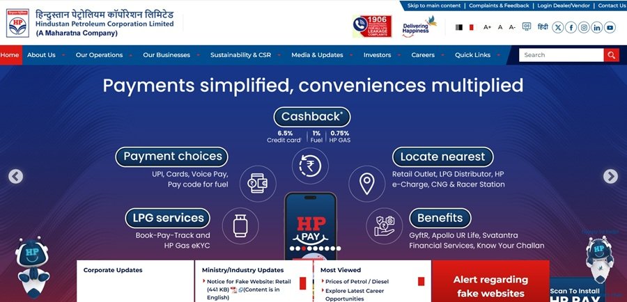 HPCL Business Portal dashboard with menu options