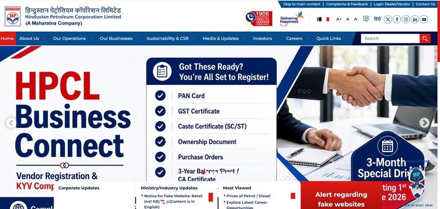 HPCL Business Portal official login interface