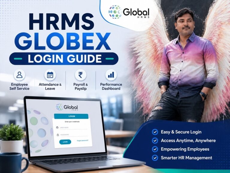 Employee logging into HRMS Globex ESS portal on a laptop