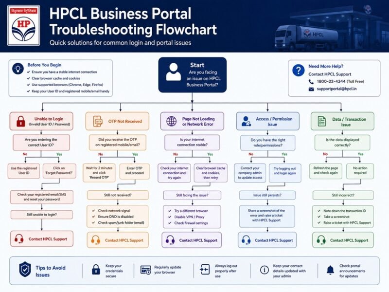Troubleshooting flowchart for common HPCL Business Portal issues